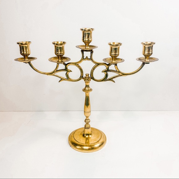 Vintage Brass Gold Straight 5 Candle Stick Holder